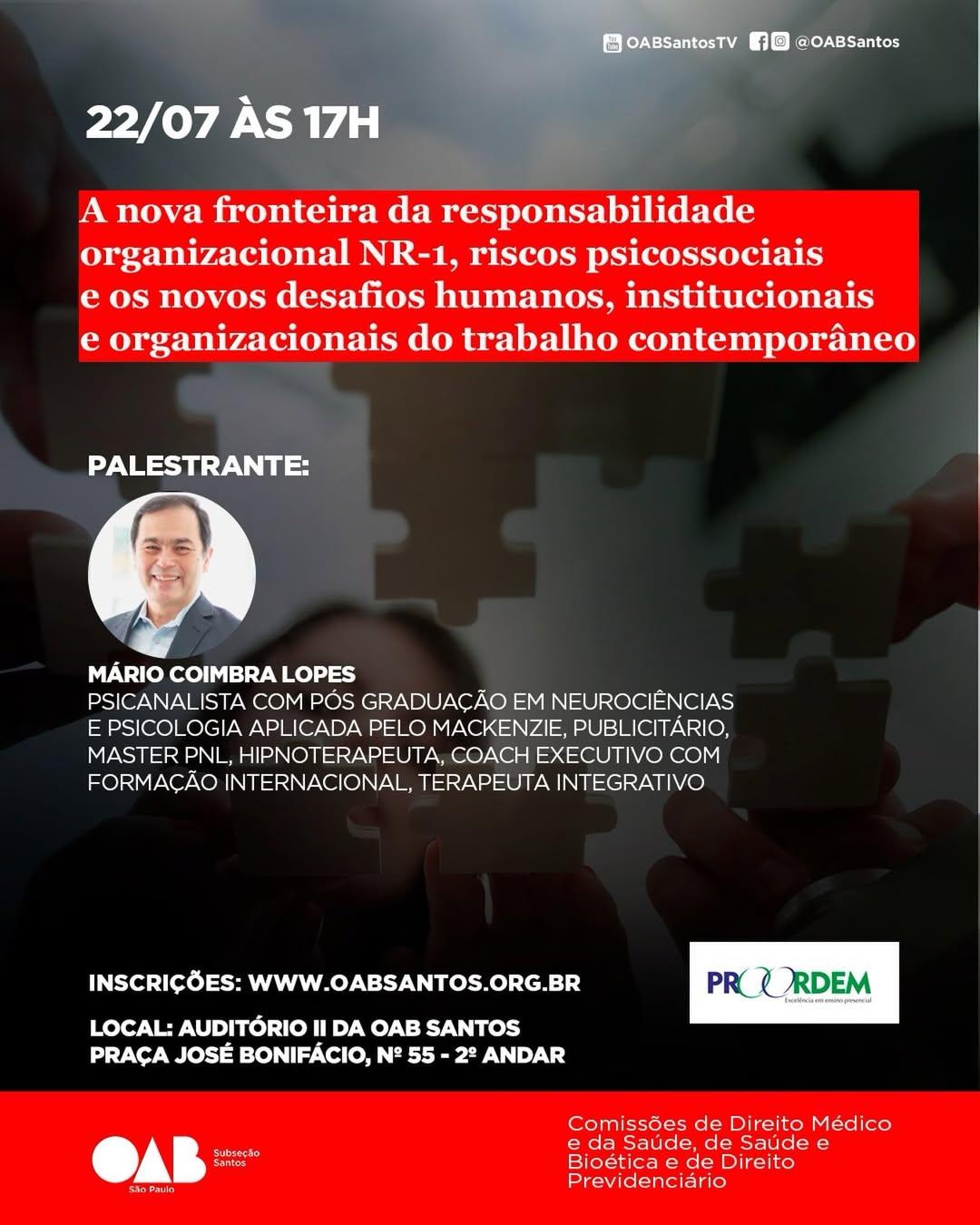 OAB Santos promove palestra sobre os impactos da nova NR-1 e os desafios da responsabilidade organizacional