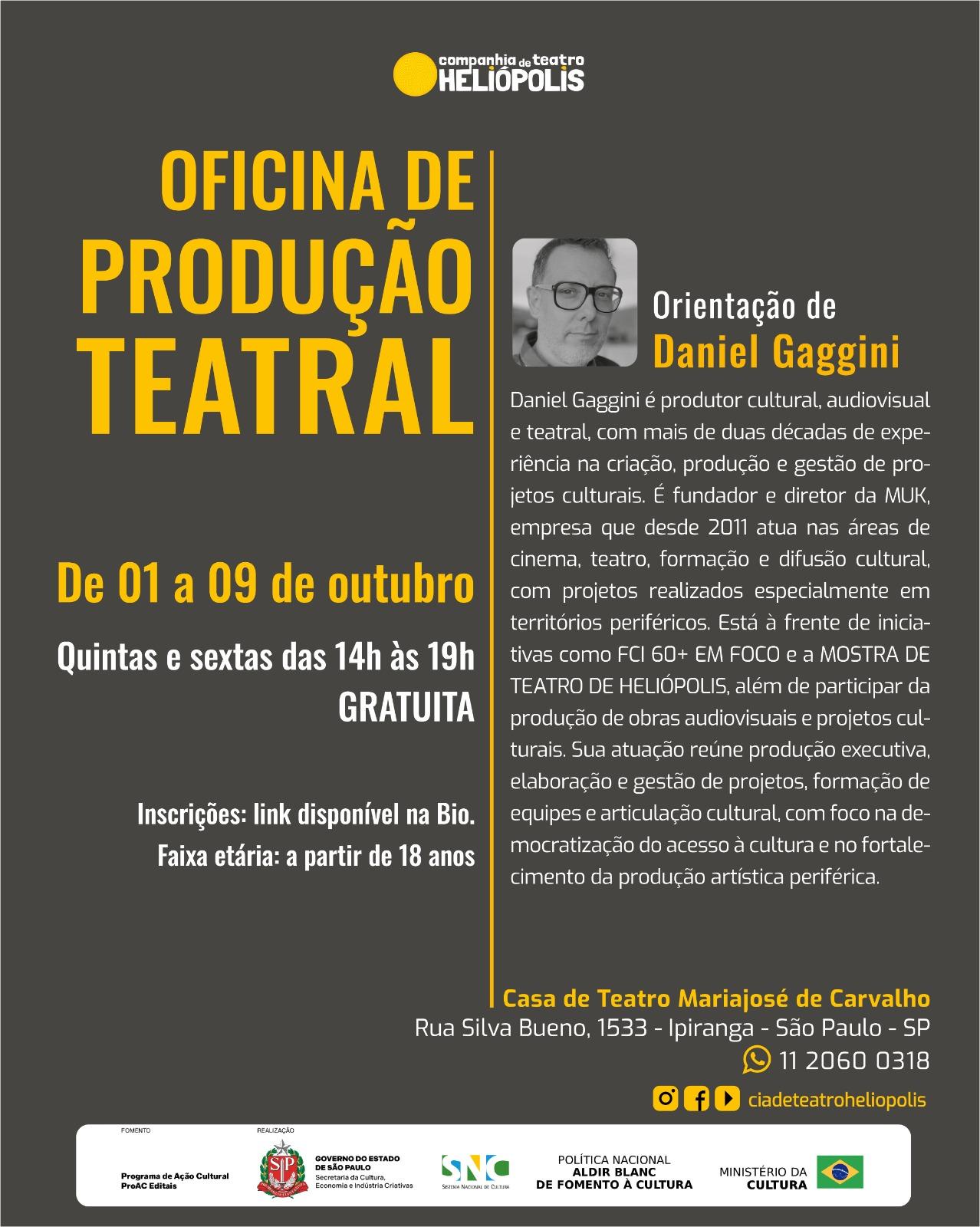 Companhia de Teatro Heliópolis abre inscrições para Oficina de Produção Teatral com Daniel Gaggini